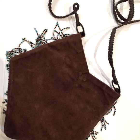 Brown Suede Purse with Seed Bead Fringe - Picture 2 of 5
